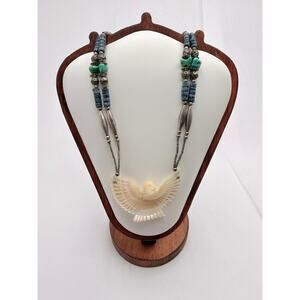 Vintage 70s Zuni Fetish Necklace Carved Mother of Pearl Eagle Sterling Silver